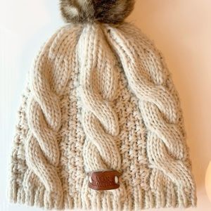 Aran Traditional Cable Knit Beanie, cream w/ brown faux pom